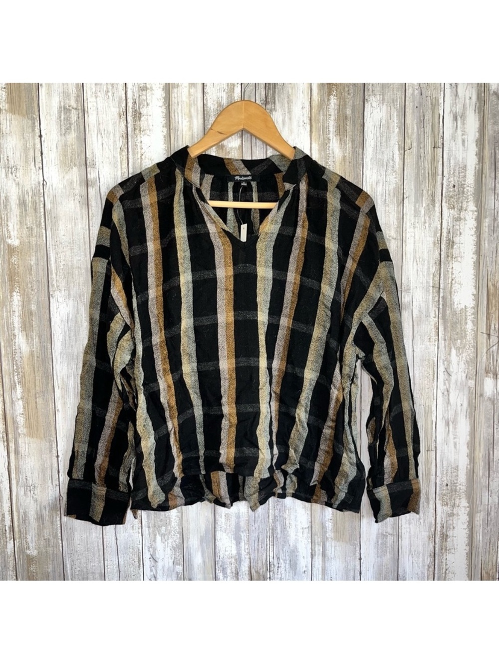Madewell Highroad Popover Top Black Tan Stripe NWT Size M Lightweight Blouse - Picture 2 of 6